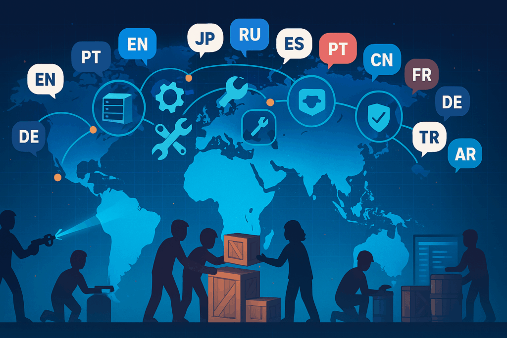世界地図に各言語の吹き出し（EN/JP/RU/ES/PT/CN/FR/DE/TR/AR）とサーバー・工具・盾などのアイコン、下部に協力するプレイヤーのシルエット。Garry’s Modの世界コミュニティを象徴。