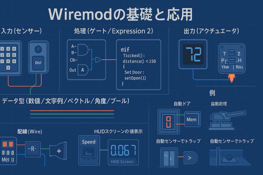 青い設計図風の図で、Wiremodの「入力（キーパッド・距離センサー）」「処理（論理ゲート／Expression2）」「出力（数値表示器・スラスター）」を配線で接続し、応用例として自動ドア、照準タレット、速度HUD、距離トリガー式トラップを示す。